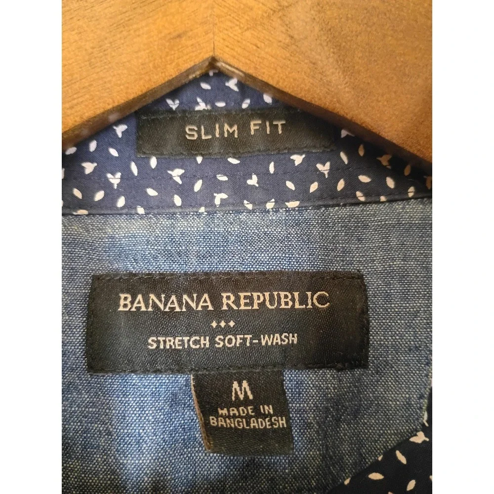 Preppy Banana Republic Mens Medium Navy Blue Slim Fit Micro Print Button Down